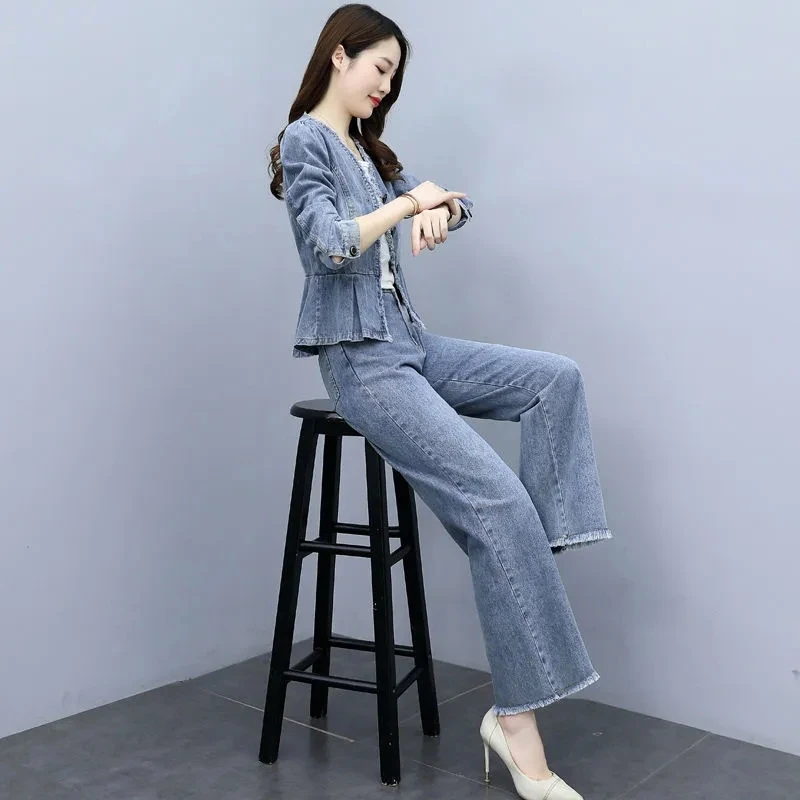 2023New Retro V-Neck Denim Jacket Wide-Leg Pants Suit Women\'s Spring Autumn Long-Sleeved Jacket Two-Piece Suit Female Sets Jeans