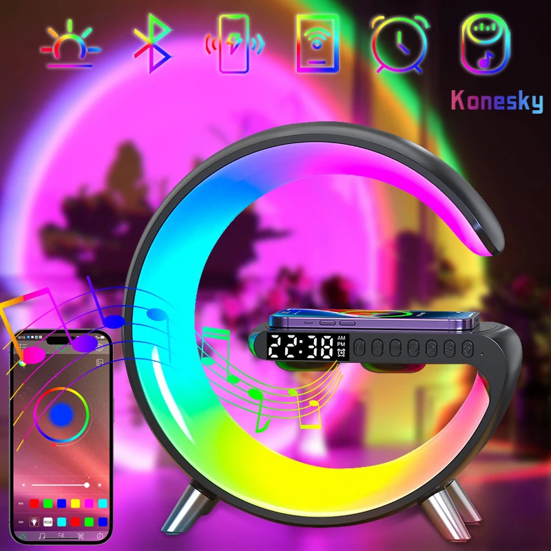 

Bluetooth-колонка, будильник, разноцветная Атмосфера RGB, подсветка, имитация восхода солнца, пробуждение, беспроводное зарядное устройство для телефона 15 Вт