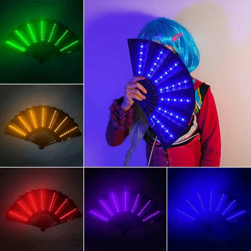 LED Glow Fan Handheld Folding Fan Stage Performance Fans Party Dancing Accessorie Glowing Fan in The Darkness LED Prop Fan