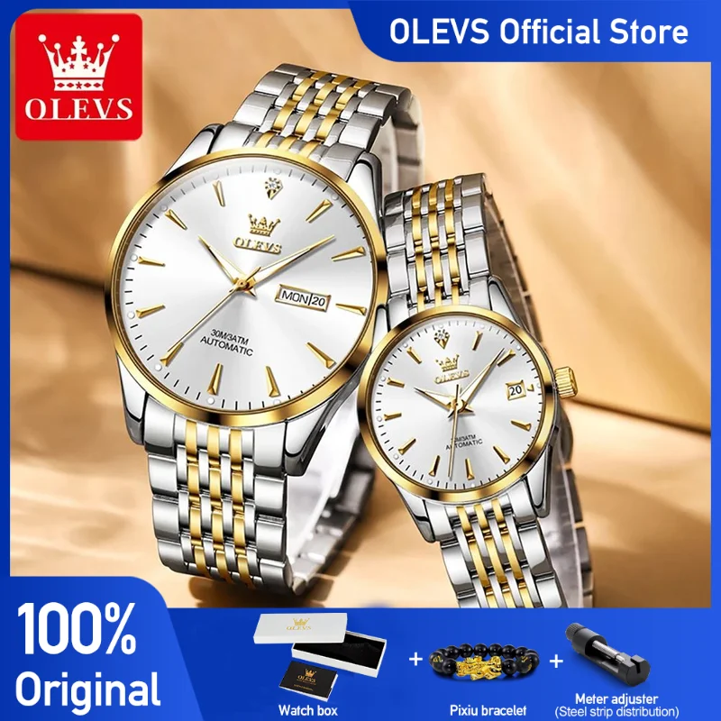 OLEVS 6635 Couple Watches Automatic Mechanical Wristwatch Waterproof Luminous Day Date Watches For Couple Large Dial Reloj