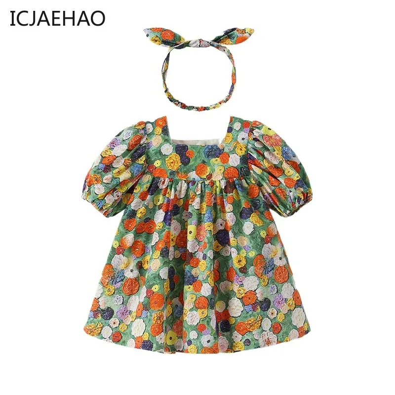 ICJAEHAO 2024 Children Dress Summer New Pastoral Floral Girl Baby Going Out Skirt Western Style Little Princess Matching Outfit