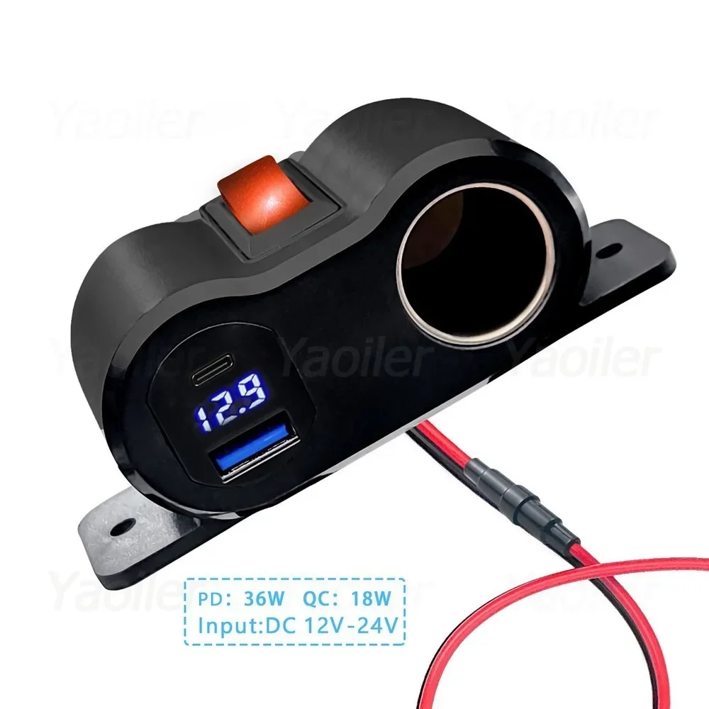 12V USB C Ports Socket 36W PD3.0+18W QC3.0 Dual USB Built-in Car Camper Adapter Cigarette Lighter Multi Plug Charger Port Socket