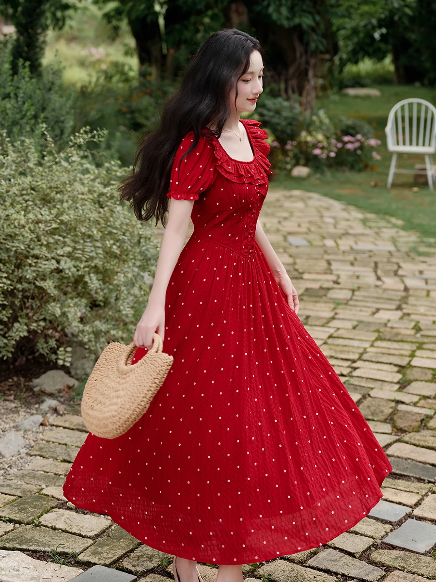 2023 neue Rote Polka Dot Quadrat Kragen Dr Abnehmen Langen Rock Sommer frauen Süße Hohe Taille Blase Sve Princ kleid