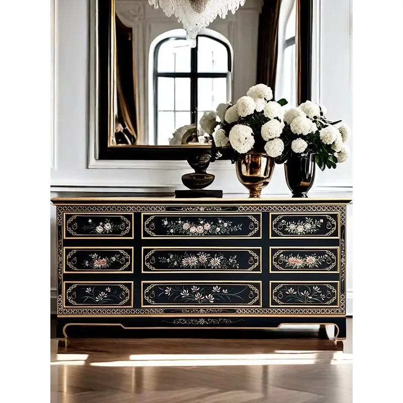 ^French-style Light Luxury Painted New Chinese-style Solid Birch Wood Shaker Door Sideboard Decorative Cabinet Vintage Bedroom