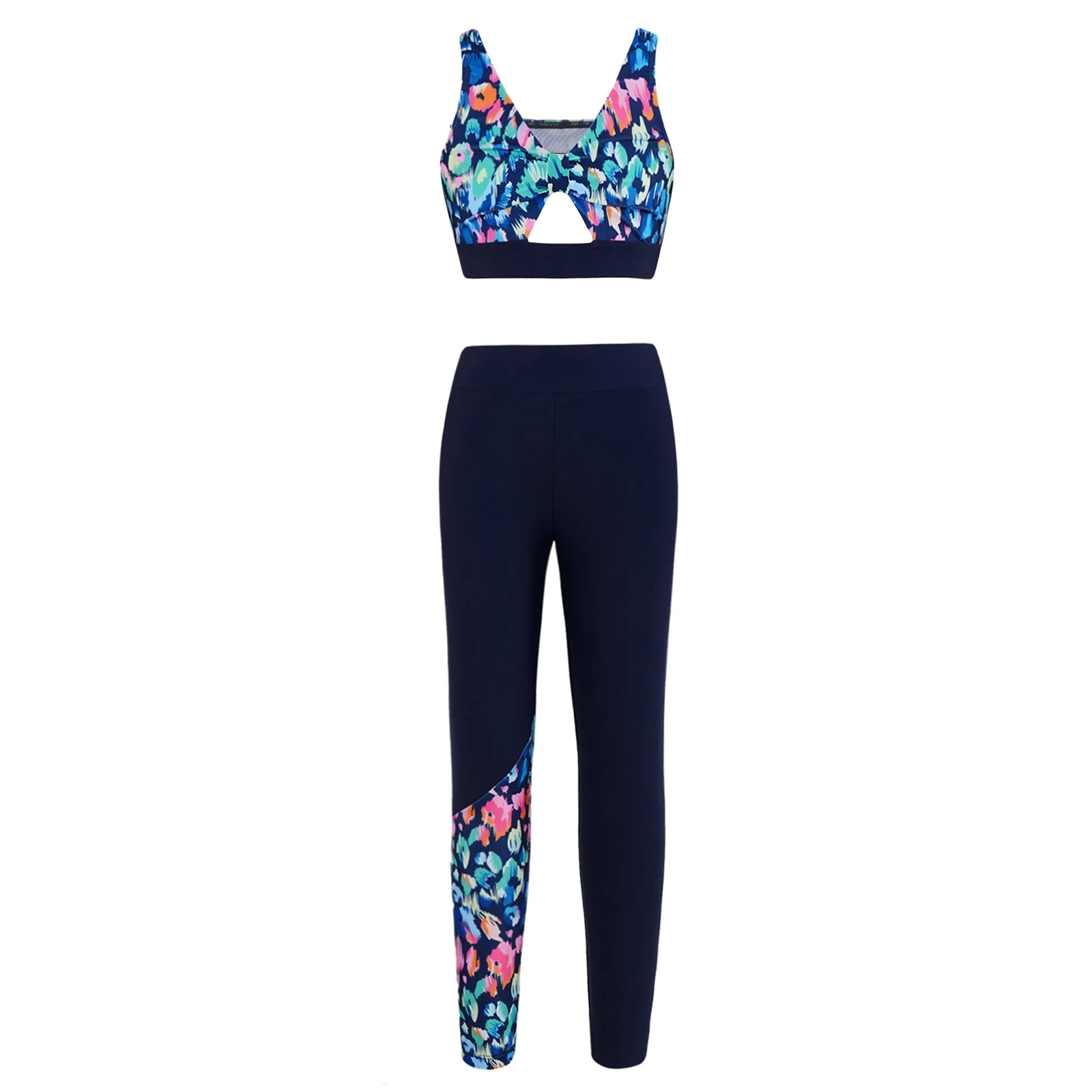 

Kids Girls Sport Suit Sleeveless Print Vest Crop Top And Pants Leggings Set Sportswear For Jazz Dance Gymnastics Yoga Workout