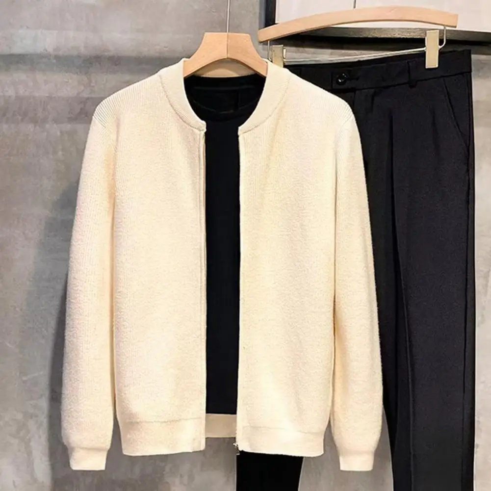 Men Knitted Sweater Men's Zipper Closure Knit Sweater Coat With Elastic Long Sleeves Cardigan For Wear School Mid Length Jacket
