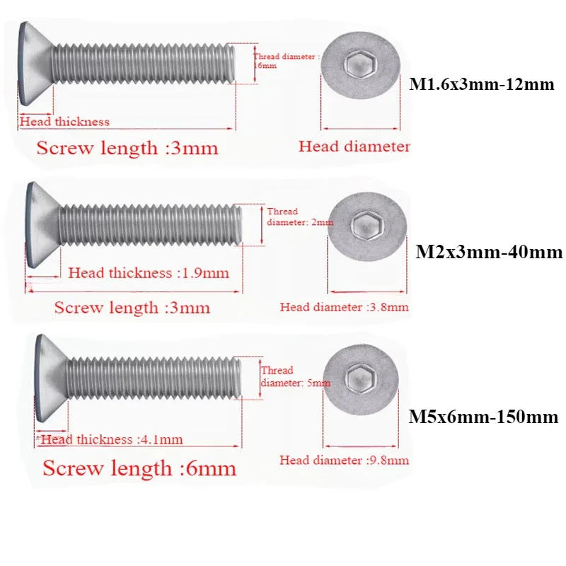 

Винты с плоской головкой M2 M5 M1.6 M5x6 M5x12 M5x140 3-140 мм, винты для машин с внутренней шестигранной головкой, крепежные болты из нержавеющей стали 304, самоупорный механизм Fhcs