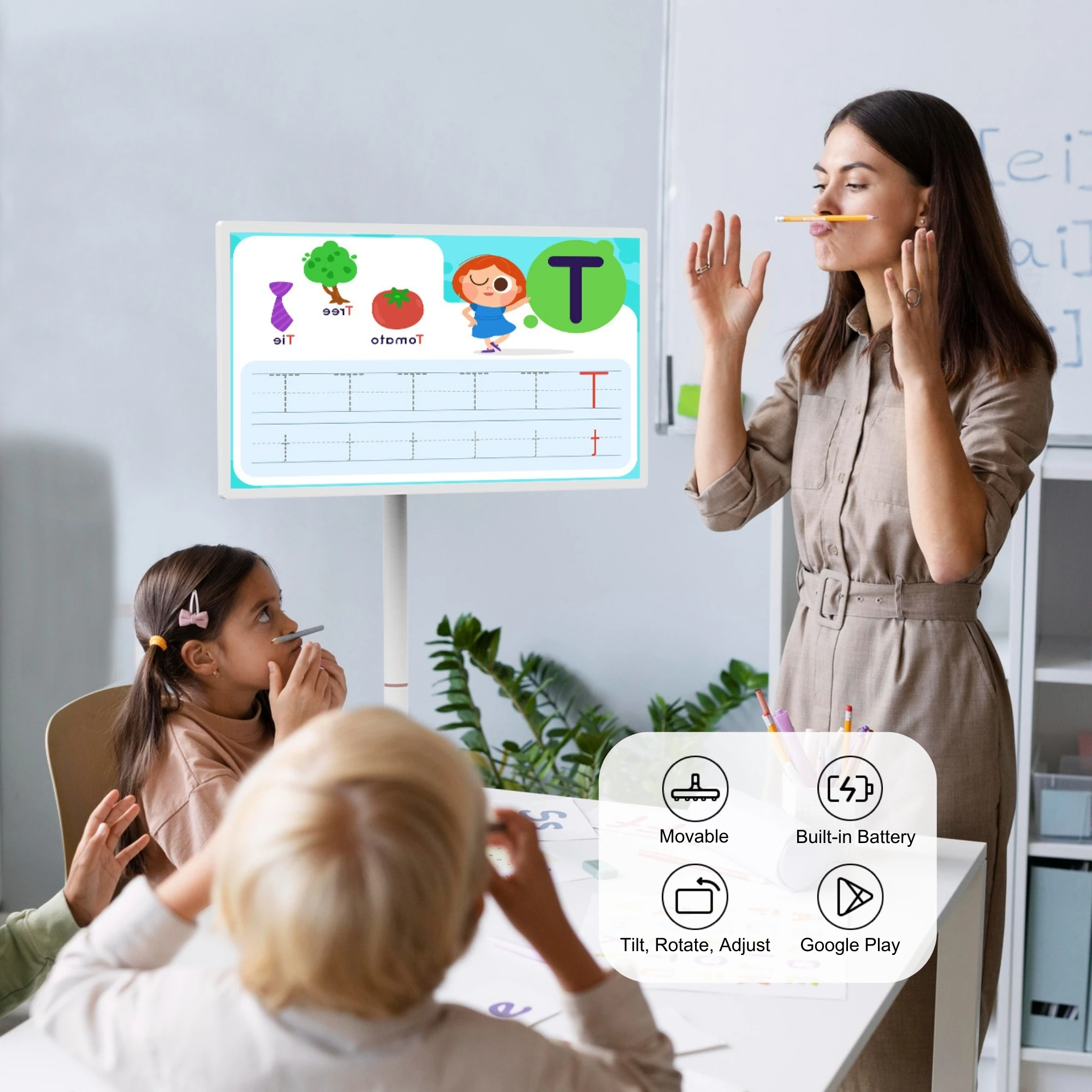 

32-дюймовый умный Android 13 сенсорный экран 8 + 128 ГБ WIFI ЖК-дисплей белый напольный вращающийся портативный для образования дополнительная камера