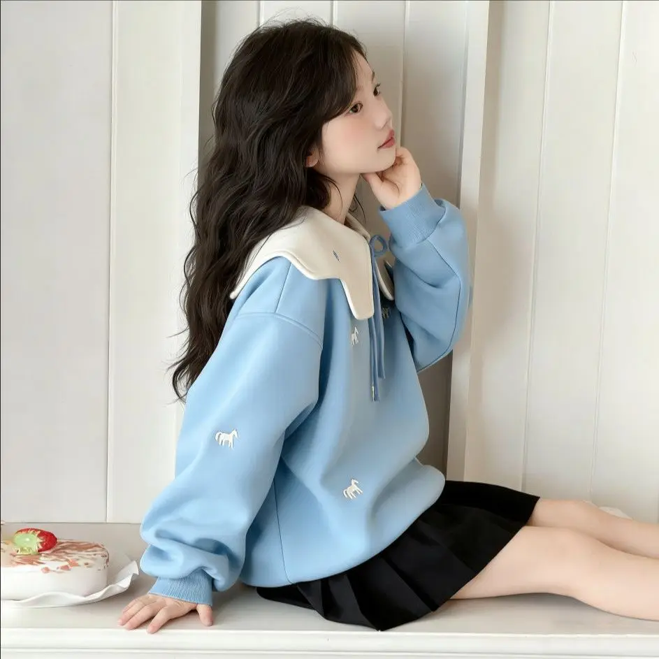 Girls Peter Pan Collar Sweatshirt Spring Autumn Sweet Slim Fit Pullover Casual Long Sleeve Tops