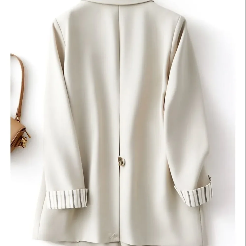 

2025 Women Single-piece Suit Jacket Solid Color Button Striped Patchwork Cuffs Suit Jacket Casual Commuting Office Business Wear