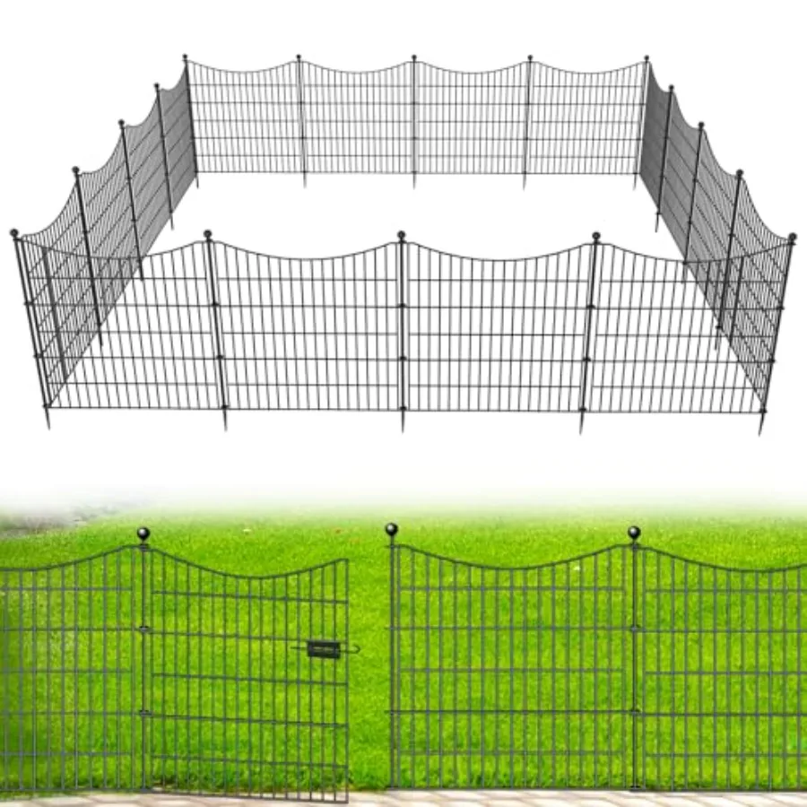 

Декоративный садовый забор из 15 панелей с воротами, 32 дюйма (В) x 35,4 фута (Д), не требующий копания, для собак и животных, уличный, для двора, нержавеющий, металлический