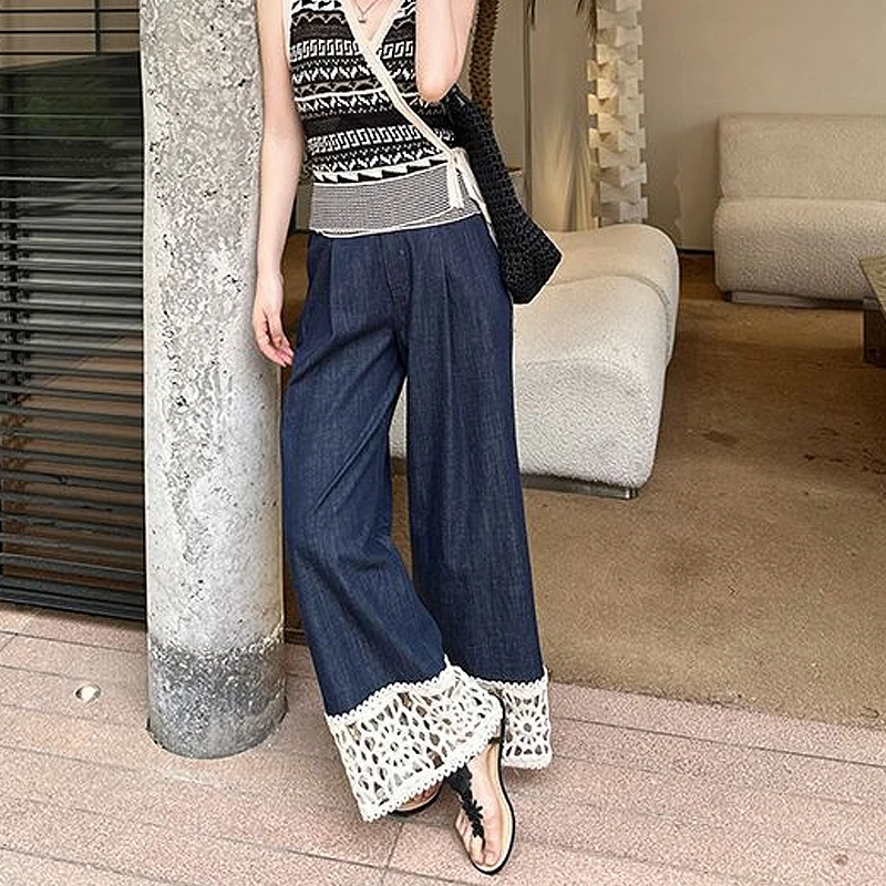 Dames zomer losse rechte broek met hoge taille en holle kanten stiksels ontwerp