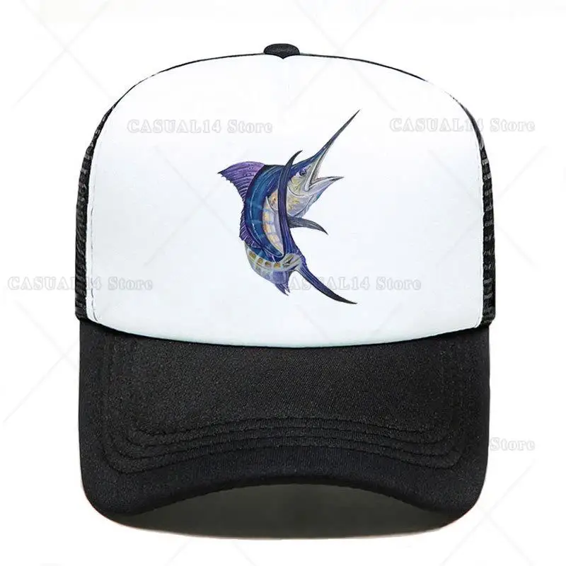 Marlin Bent Fish Print Baseball Cap Funny Casual Men Women Parent-child Hats Mesh Visor Outdoor Sun Hat Adjustable Caps