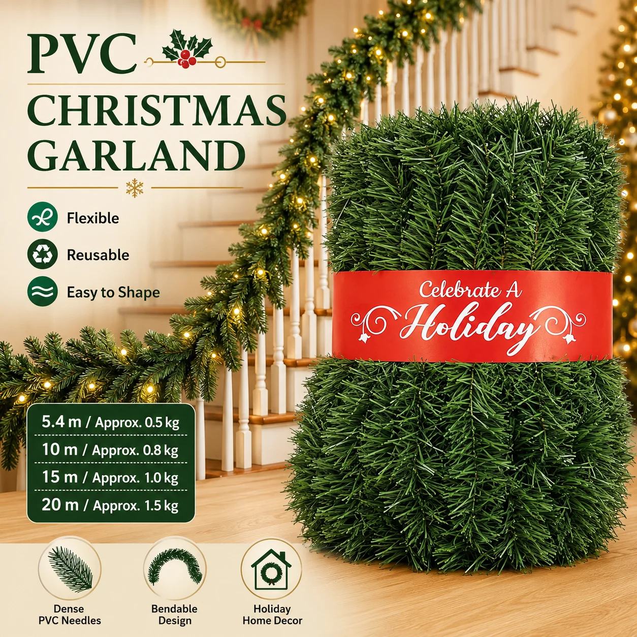 PVC Künstlicher Weihnachts-Rattan Weihnachtskranz Treppenhaus Kamin Fenster Weihnachtsbaum Hängende Dekorationen DIY Familien-Dekor