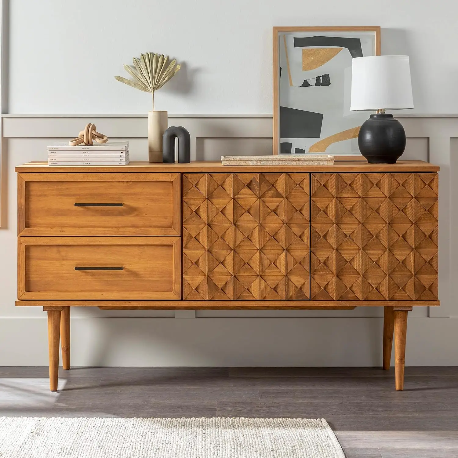 Solid Wood 2 Door Sideboard with Prism Detail 58 Inch Caramel, Customized