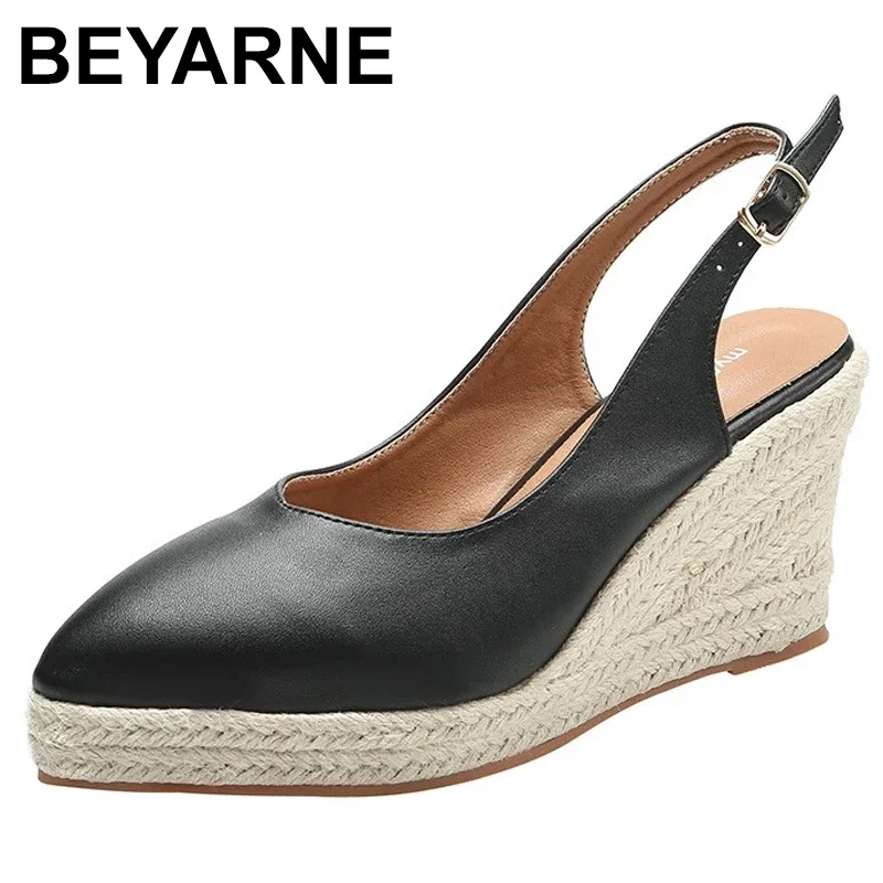 BEYARNE Princess Kate\'s Same Leather Wedge Single Shoes Women\'s Shallow Mouth Espadrilles Spring and Autumn New Sandals HighHeel