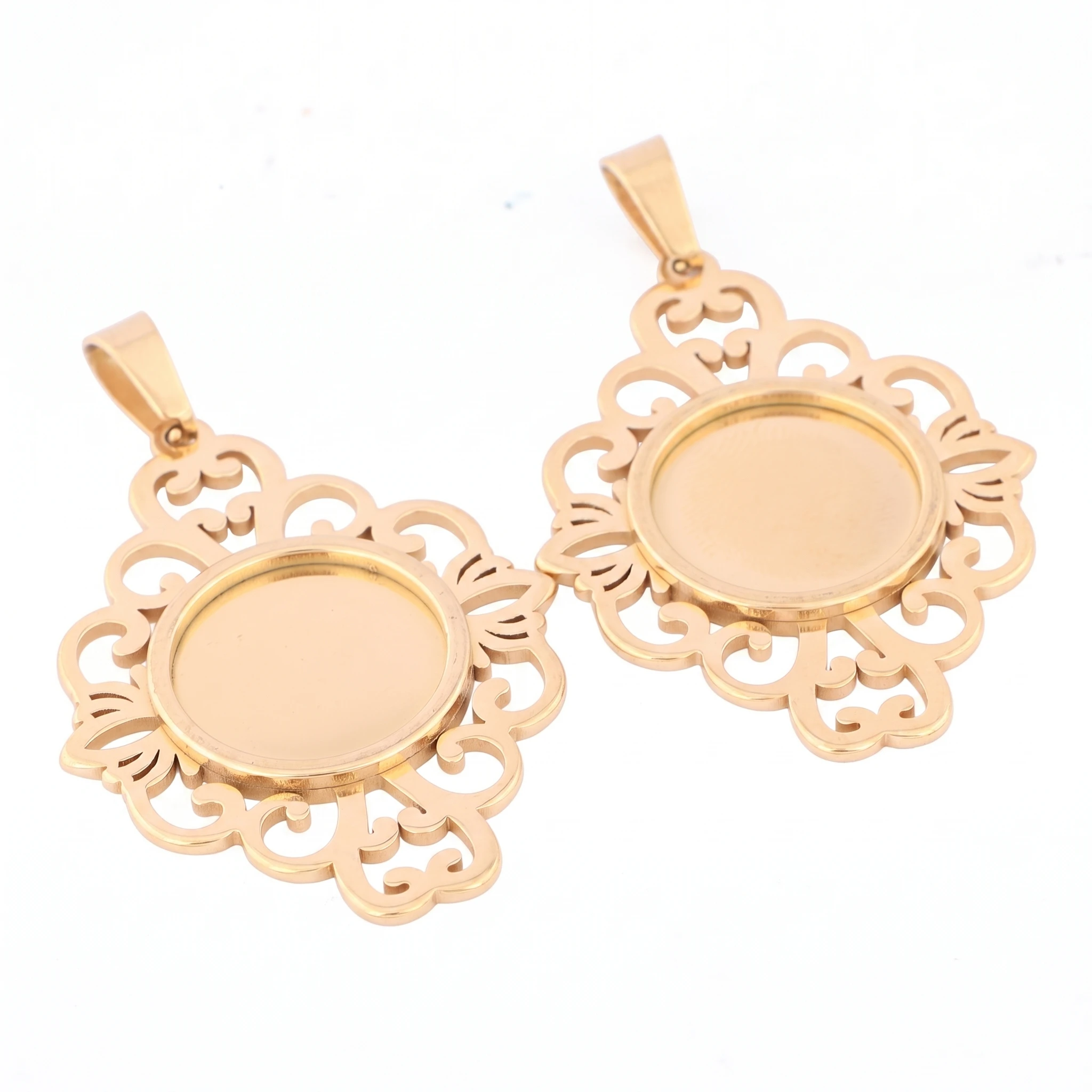 5pcs Stainless Steel Filigree Flower Cabochon Tray Blanks 15mm Diy Bezel Pendant Settings For Necklace Jewelry Making