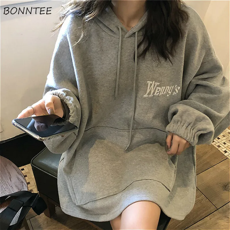 

Hoodies Women Tender Embroidery All-match Gray Long Sleeve Mujer Pullovers Lady Clothing Casual Loose Korean Style Teenagers Ins