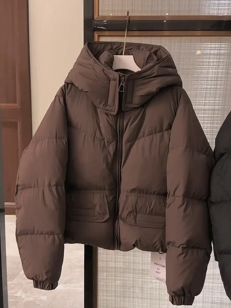 

Faionable Ретро с капюшоном и воротником-стойкой, однотонная хлопковая куртка, женская одежда, новинка зимы 2025 года, Ele, универсальная одежда...