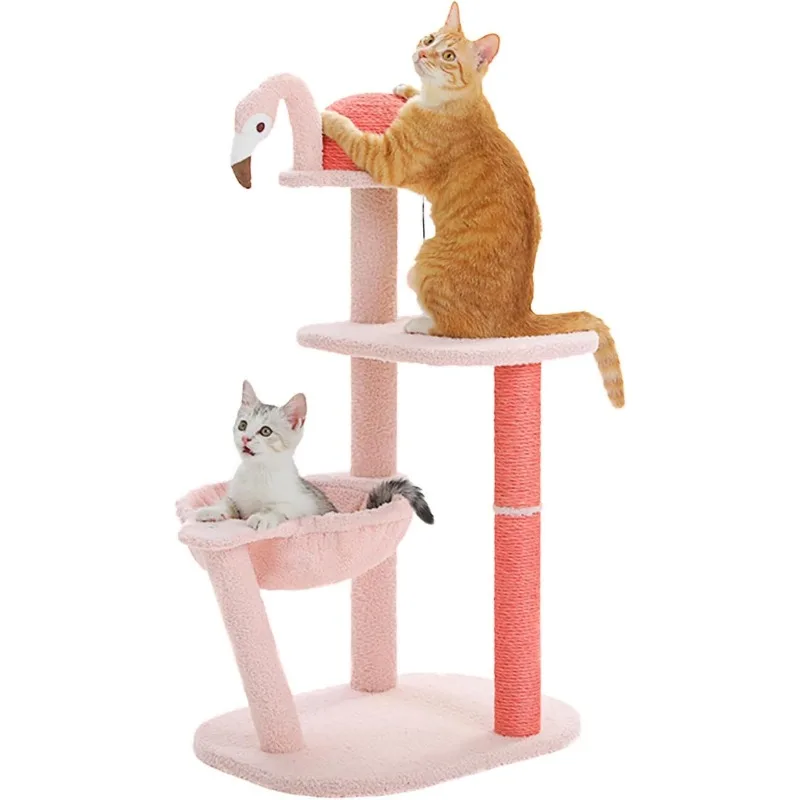 34 Inches Flamingo Cat Tree with Hammock for Indoor Small Cats,Cute Cat Tower with Scratching Post for Kittens,Cat Scratcher