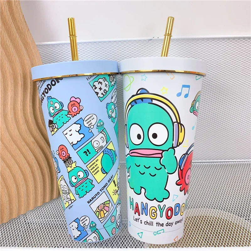 Kawaii Sanrio Hangyodon Anime Straw Thermos Cup Girl Heart Cartoon Cute Cold Water Cup Portable Ugly Fish Juice Cup 750Ml Gifts