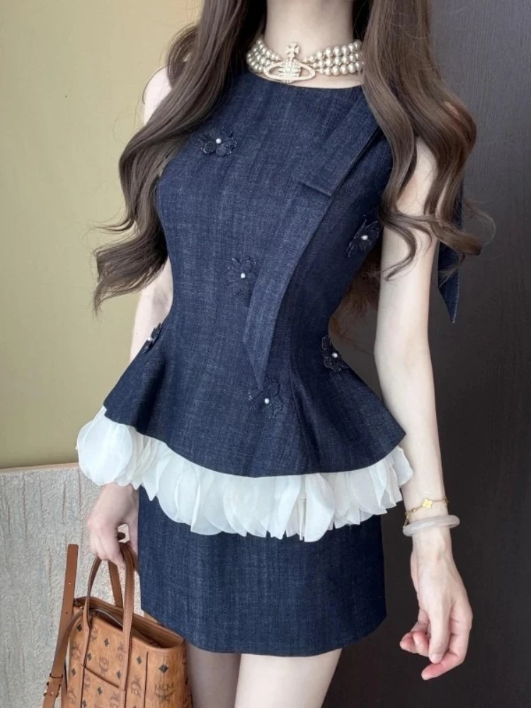 Stylish Dress Set Featuring Blue Denim Patchwork Floral Camisole Top Paired With Elegant Midi A Line Skirt Suit Ensemble