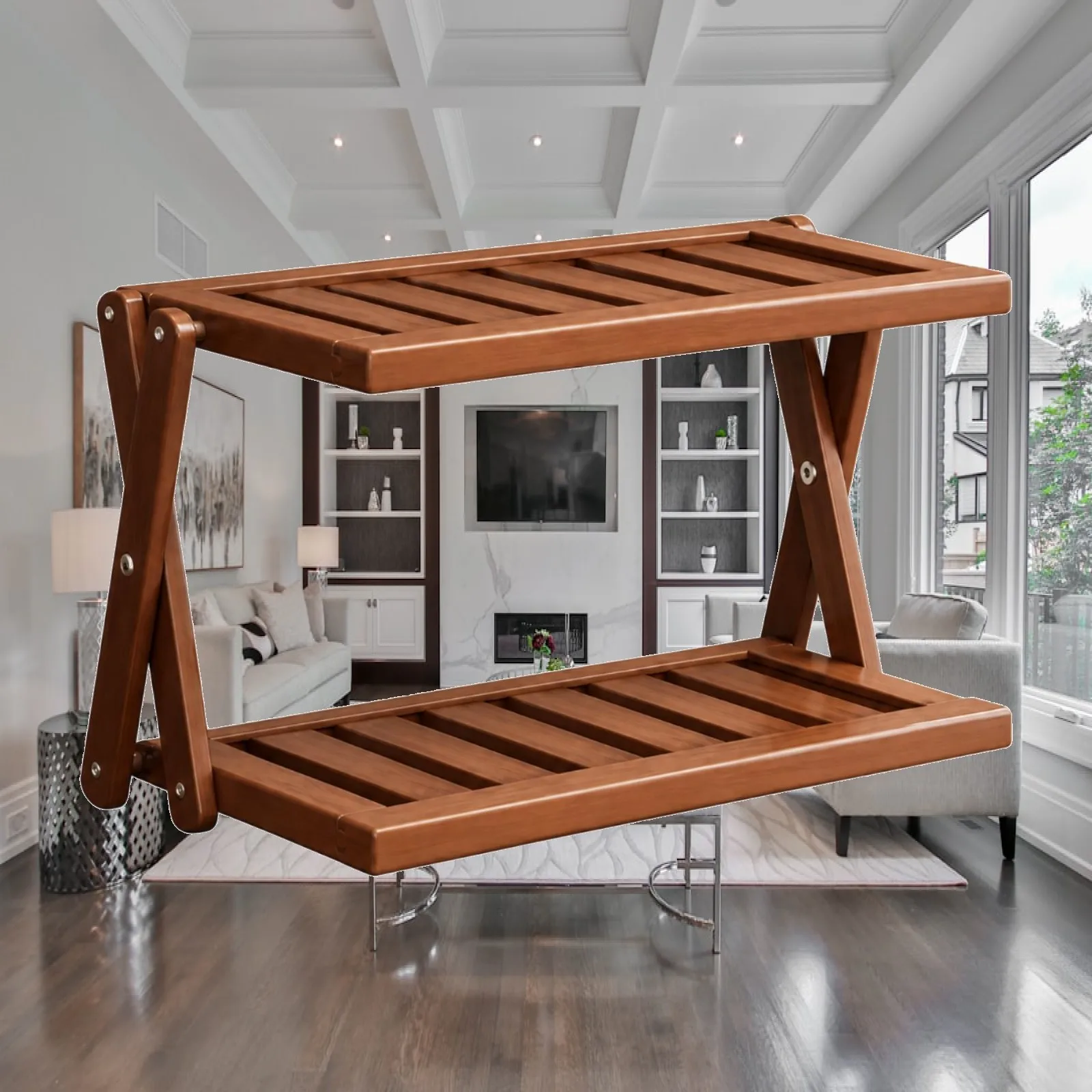 Tabletop Storage Rack with Hinged Side Frames Multipurpose Bamboo Desktop Storage Rack Display Stand Small Space Friendly
