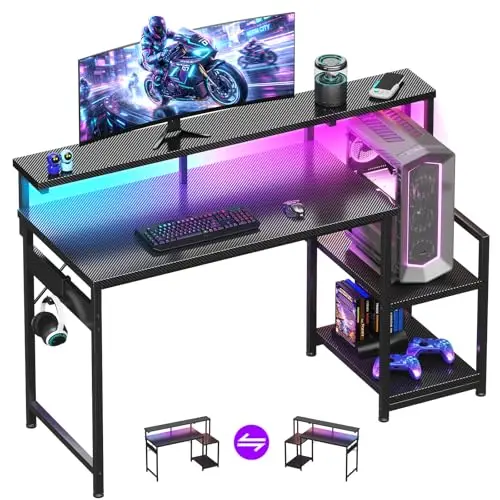 48 Inch Gaming Desk with LED Lights & CPU Stand, Carbon Fiber Black | Computer Desk with Storage Shelves, Reversible