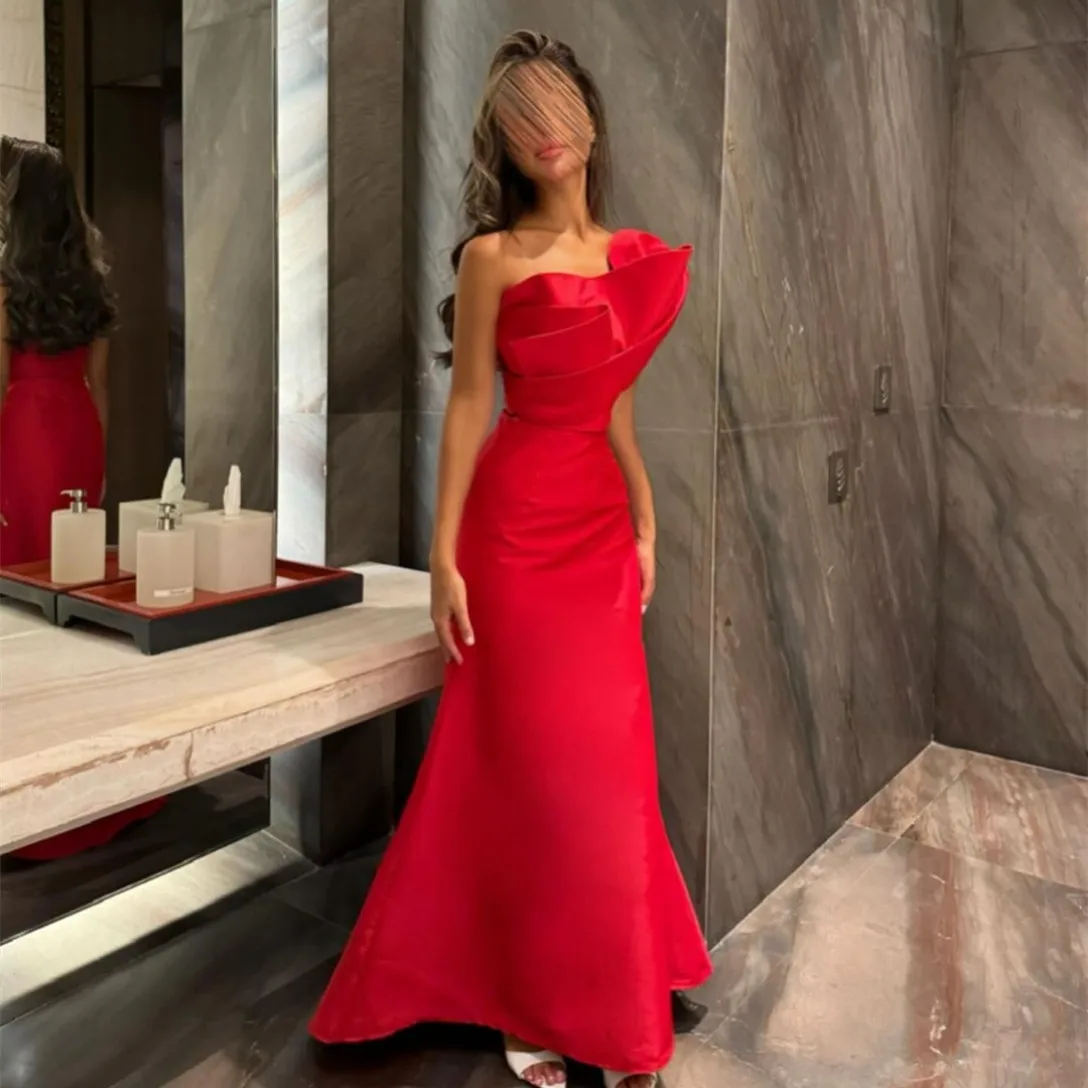 

Long Red Crepe Scalloped Evening Dresses Mermaid Sleeveless Muslim Sweep Train فساتين سهرة Prom Dress for Women