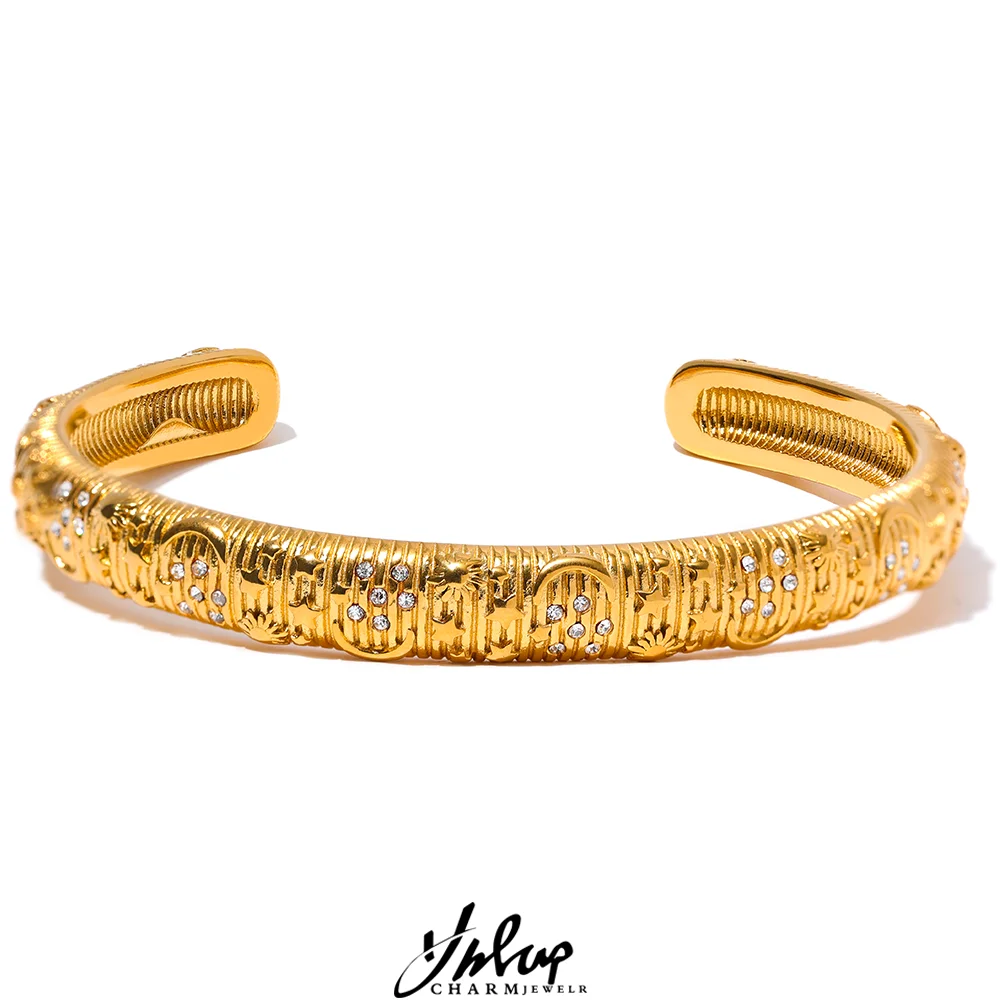 Yhpup Bransoletka ze stali nierdzewnej Star Moon Sun Cuff Bransoletka 18K Gold Color Wysokiej jakości wodoodporna cyrkonia Charm Modna biżuteria