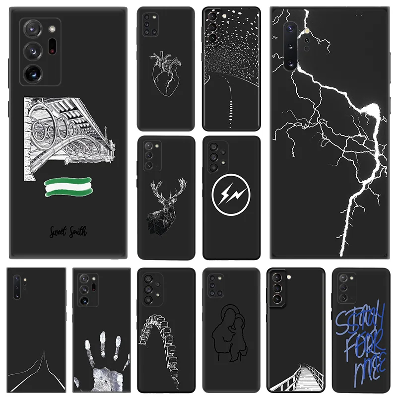 Phone Case for Samsung A35 A55 A02 A03 A04 A05 S8 S9 Note 10 Plus 9 Lightning Bridge Highway Line Art Soft Black Silicone Cover