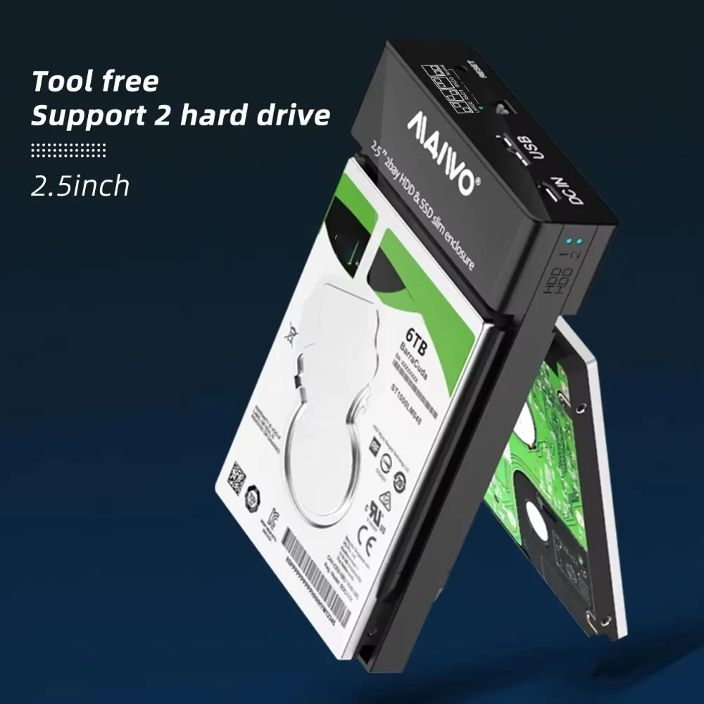 MAIWO Dual-bay 2.5 inch External HDD SSD Case 4 RAID Enclosure for 2.5-inch Array Hard Drive Enclosure USB 3.0 To SATA HDD Case