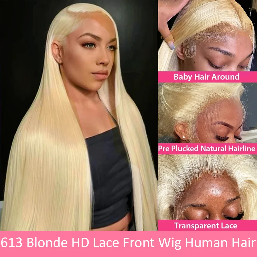 200 Density 40 Inch 613 Blonde Bone Long Straight Lace Front Human Hair Wig 13x4 13x6 HD Transparent Lace Frontal Wigs For Women
