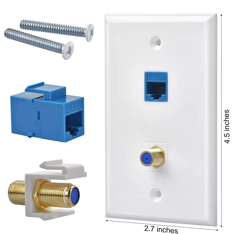 Salida de placa de pared Ethernet coaxial con 1 puerto Cat6 Keystone y 1 puerto tipo F coaxial chapado en oro, placas de pared RJ45, 1 paquete