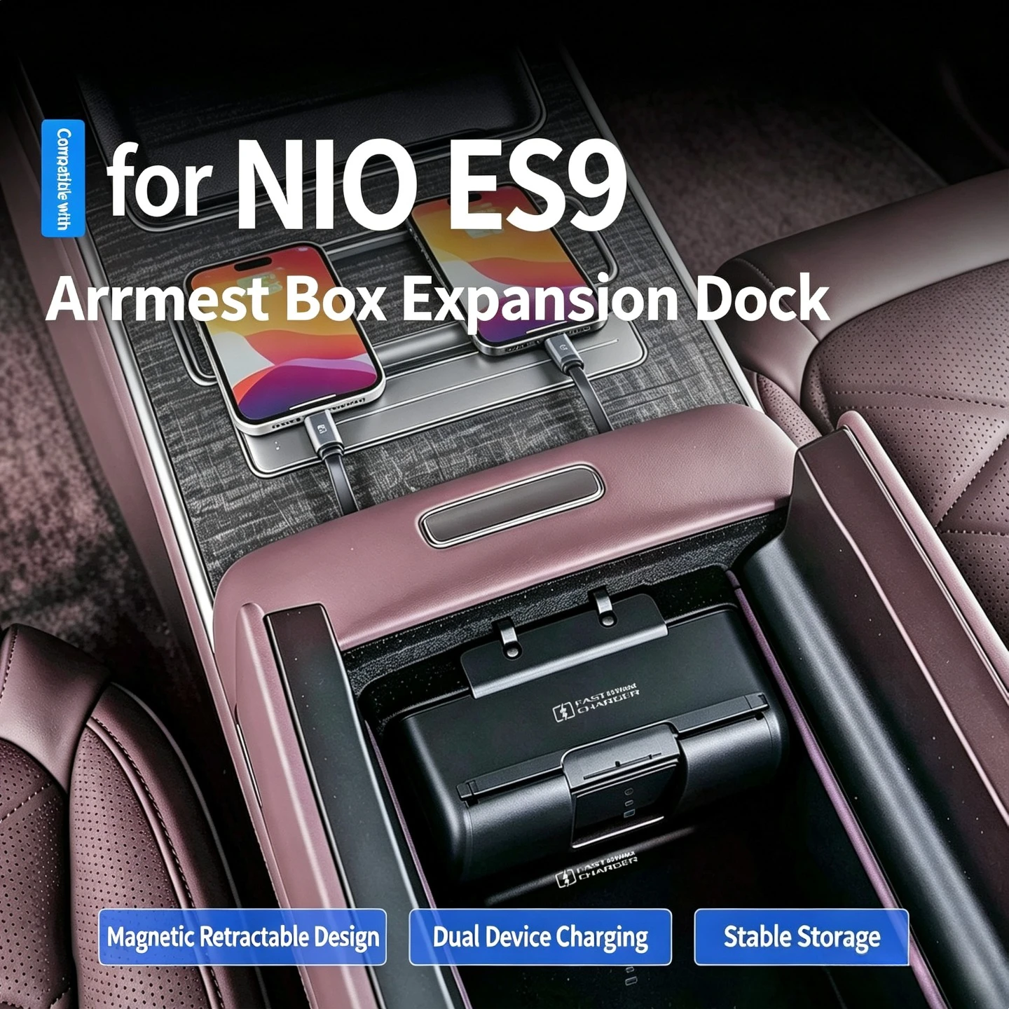 For NIO ES9 2026 60W Dual Fast Charging Docking Station Console Armrest Box Double Fast Charging Expansion Dock Telescopic Cable