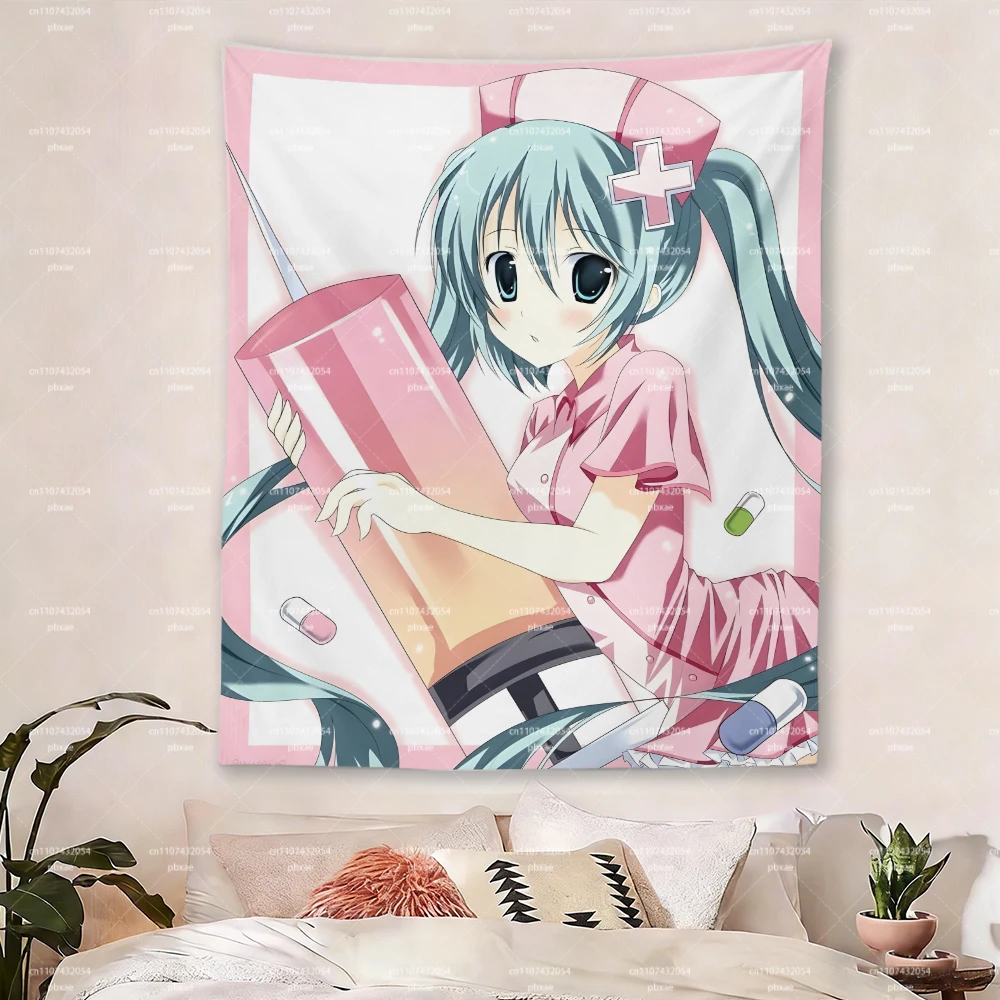 Hatsune Miku Wandteppich im Krankenschwester-Stil, rosa Anime-Wandbehang mit Twin-Tail-Girl-Spritzenmuster für Schlafzimmer, Wohnheim, Otaku-Dekoration – Detail 2