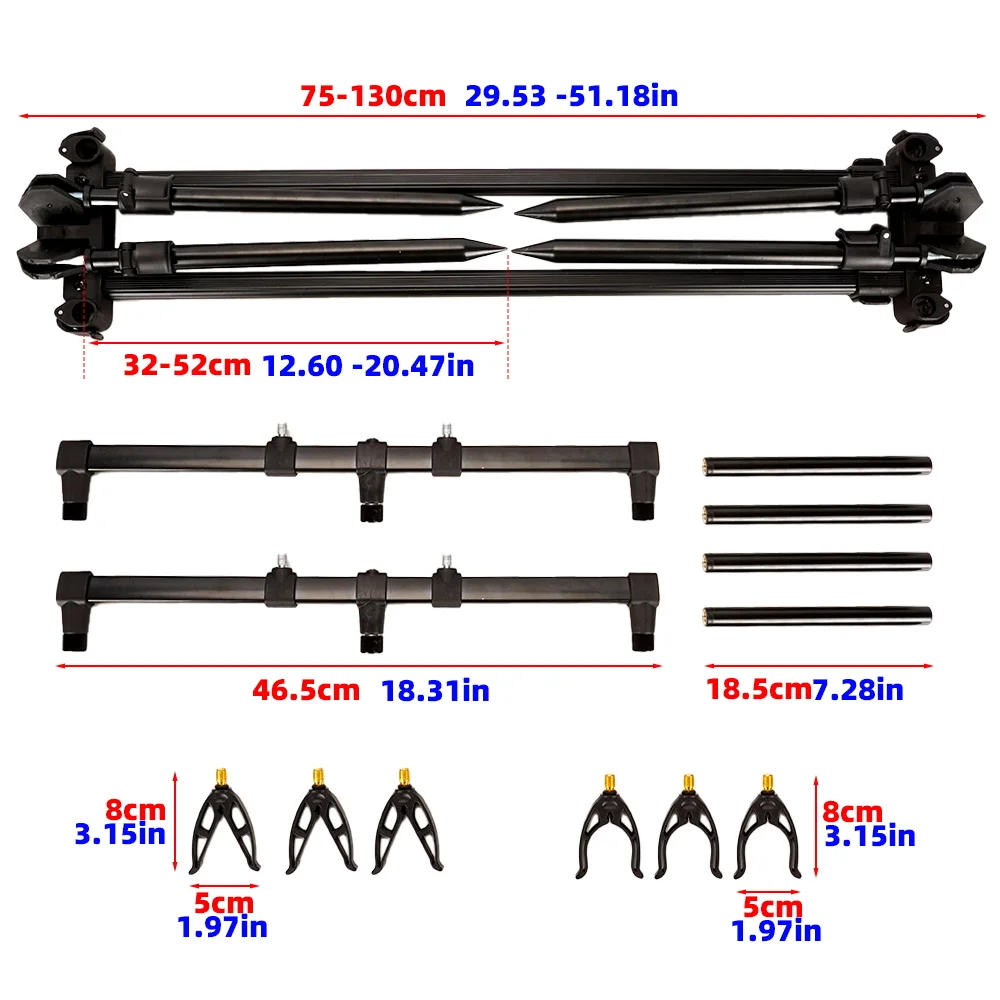 Hirisi RP162-3 Adjustable Aluminum Carp Rod Pod Heavy‑Duty Rod Stand Bank with 6Pcs support head Buzz Bar Bank Sticks Carry Bag