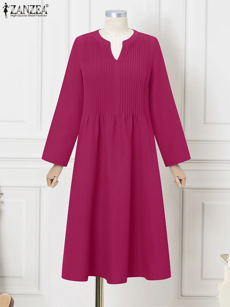 2025 ZANZEA Donna Elegante Scollo a V Abiti a maniche lunghe Autunno Ufficio Vestito estivo Solido Abito allentato Una linea Midi Robe Abiti a pieghe