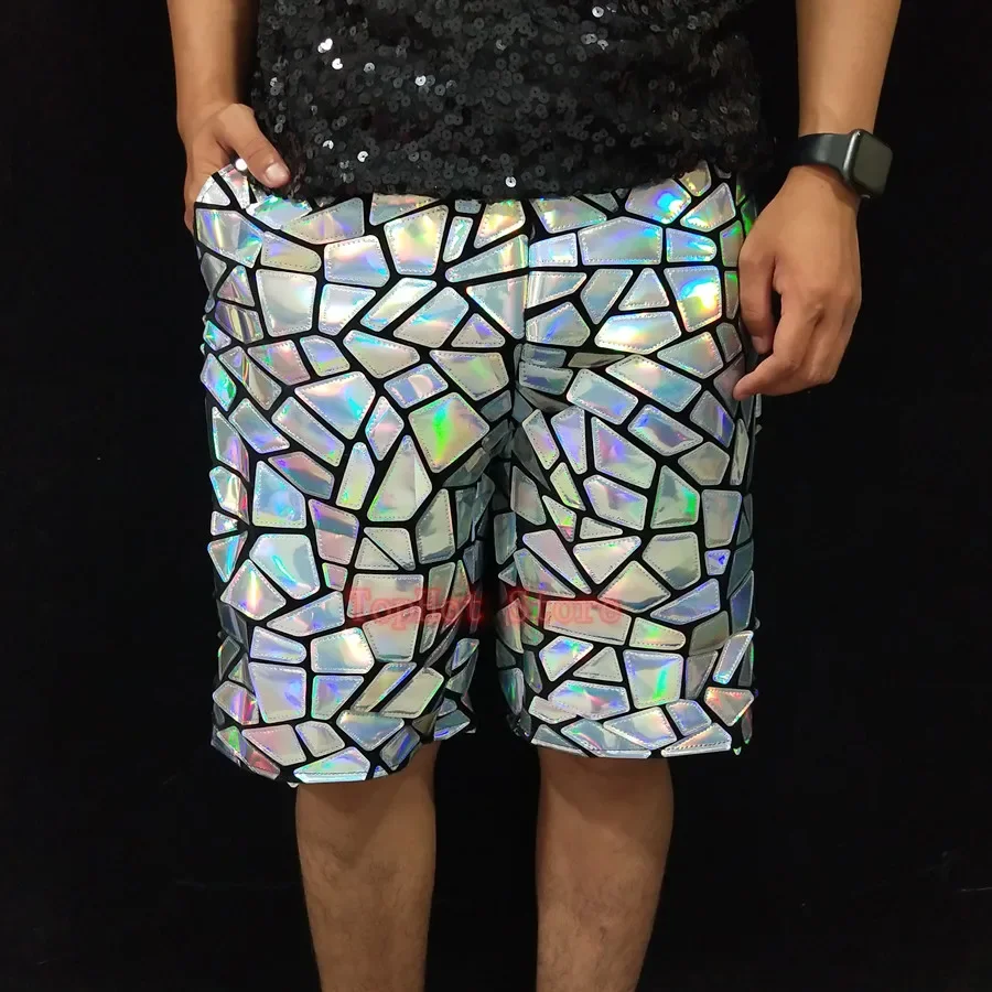 

Мужские серебряные лазерные шорты с эластичной резинкой на талии, карнавальные вечерние клубные шоу, ночной клуб, бар, фестиваль, рейв-наряд, брюки с блестками, костюм