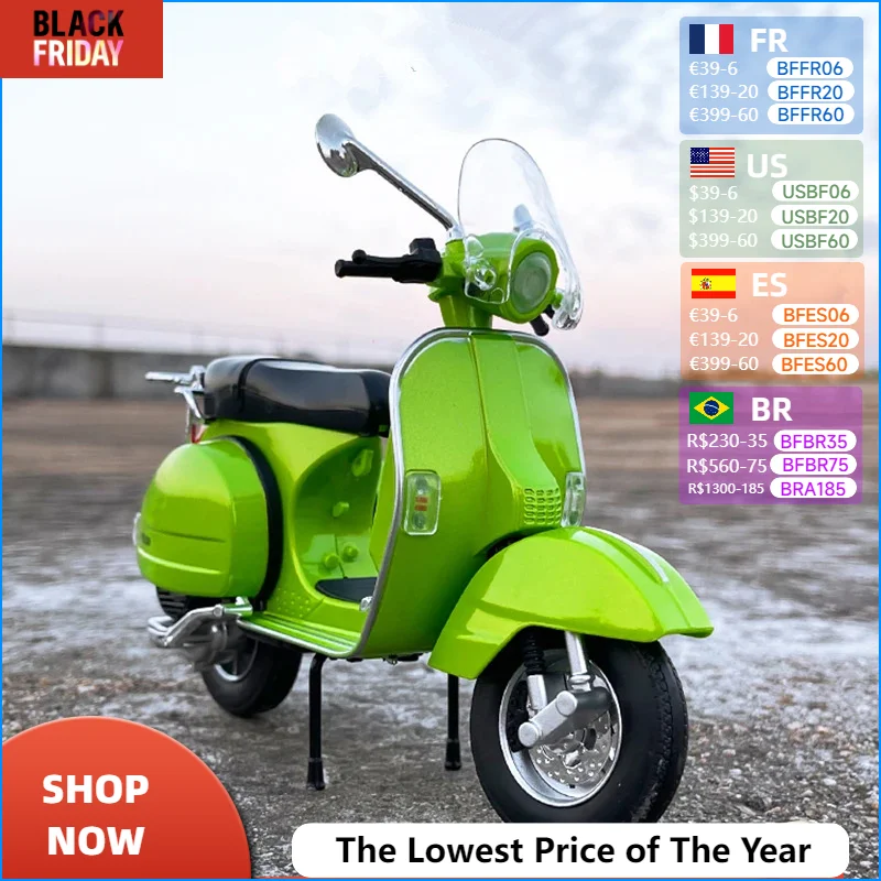 1:10 Alloy Diecasts Vespa 125 Classics Motorcycle Model Vehicles Sound Light Off Road Autocycle Simulation Collectibles Toys Car