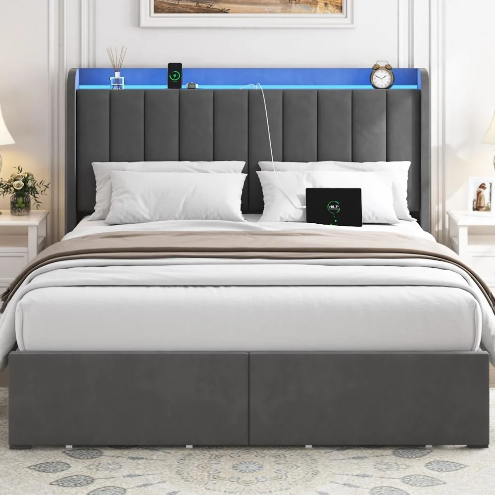 bedstead.Queen Size Bed Frame with Storage Headboard, Upholstered Platform Bed Frame with LED Lights, Drawers, Charging Station