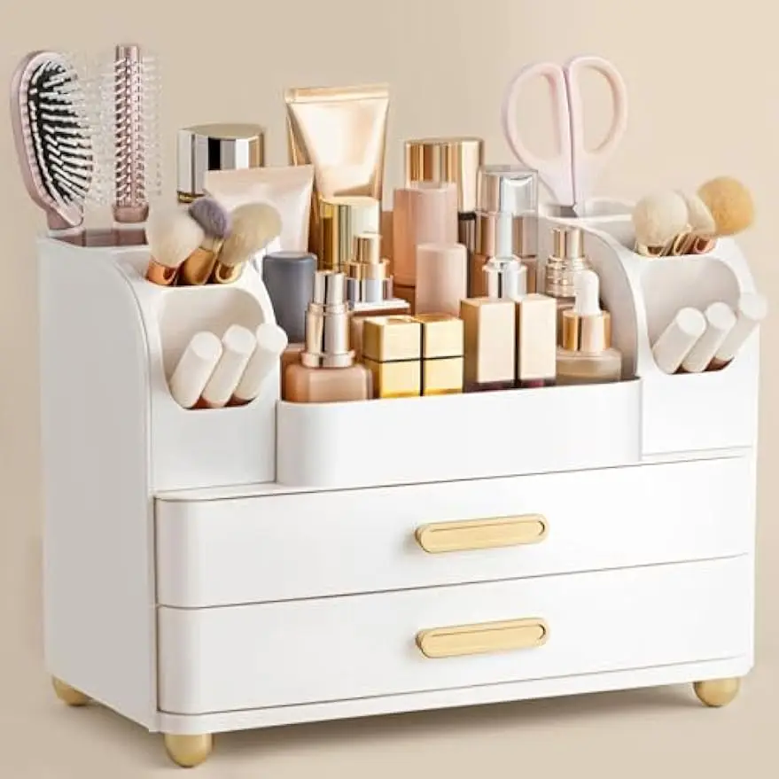 

Large Makeup Organizer with Brush Holder, 2 Drawers & Side Slots for Vanity, Bathroom, Office - All White