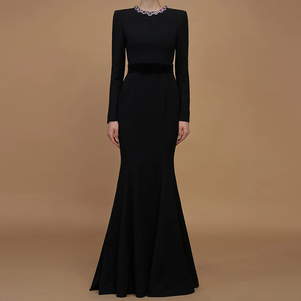 Personalizado a linha vestidos de noite até o chão o pescoço manga cheia vestido de baile moda cristal simples drapeado vestido de festa casual