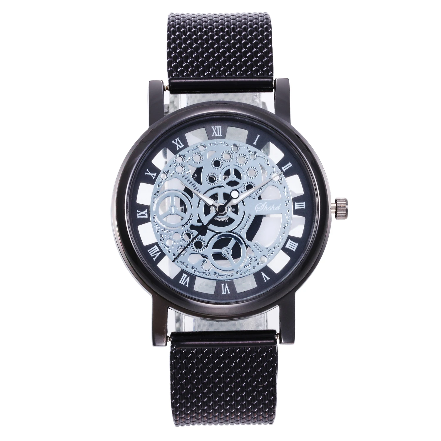 WOKAI high quality casual men's fashion quartz hollowed-out business watch Student boy silicone mesh strap clock retro