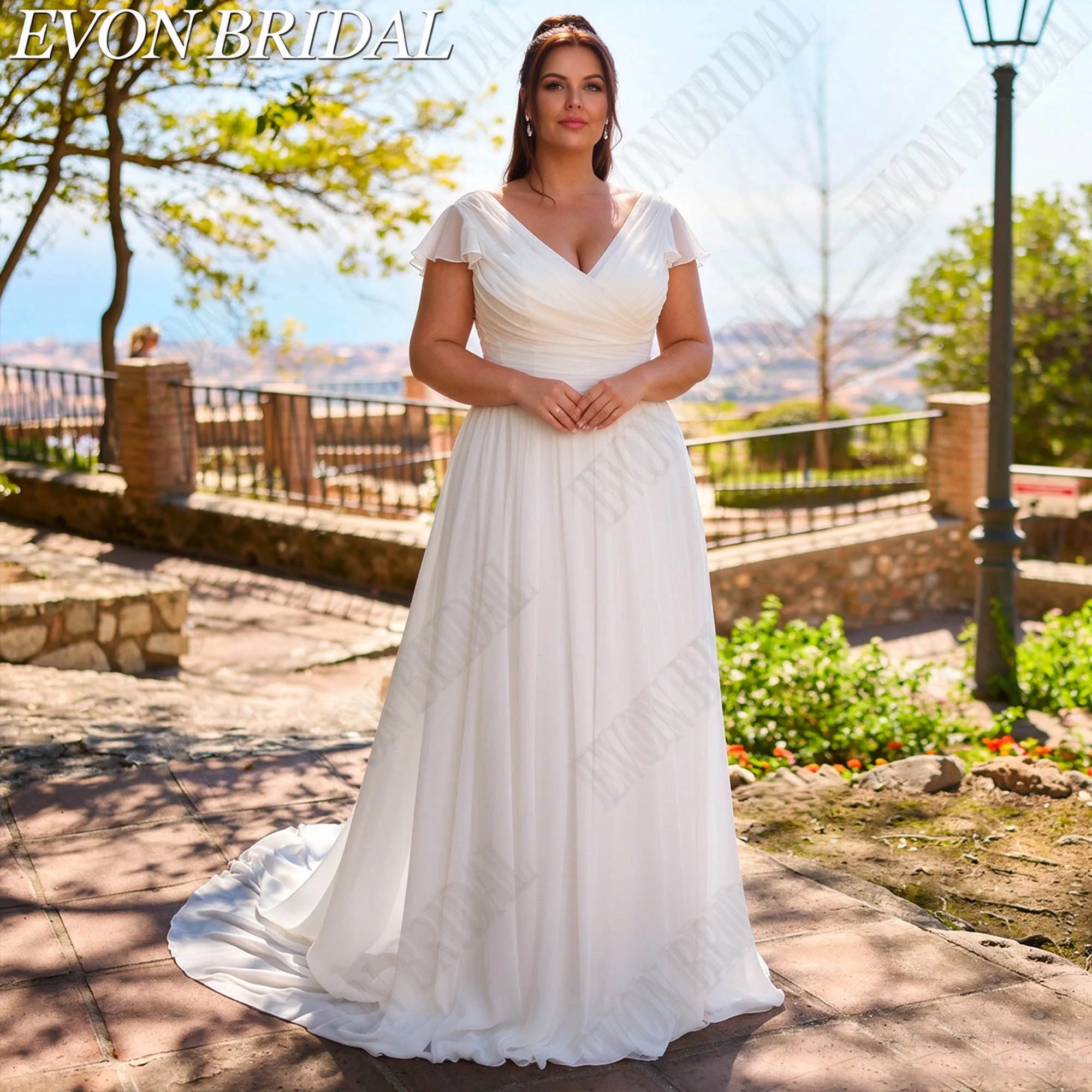 EVON BRIDAL Plus Size Customized Flutter Short Sleeve Chiffon Wedding Dress A‑Line Boho Bride Gown V-Neck Lace‑Up Bridal Dresses