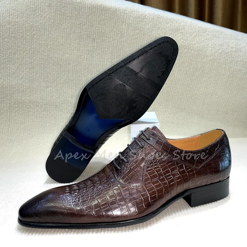 

Dark Brown Oxford Lace Up Men's Shoes Crocodile Pattern Formal Business Dress Shoes Retro Genuine Leather Comfortable Footwear
