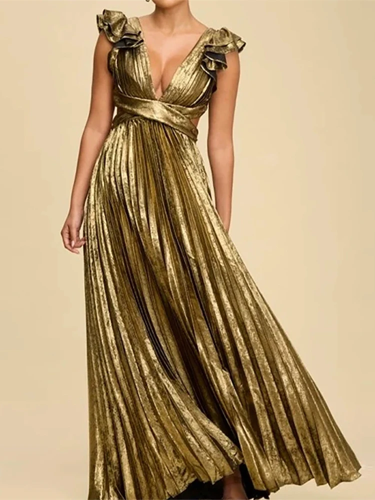 سيدة الموضة ثنيات الخصر سوينغ فستان طويل مثير عارية الذراعين ضمادة الدانتيل متابعة ثوب مجوف أنيق الخامس الرقبة بلا أكمام فستان الحفلات الصلبة #3