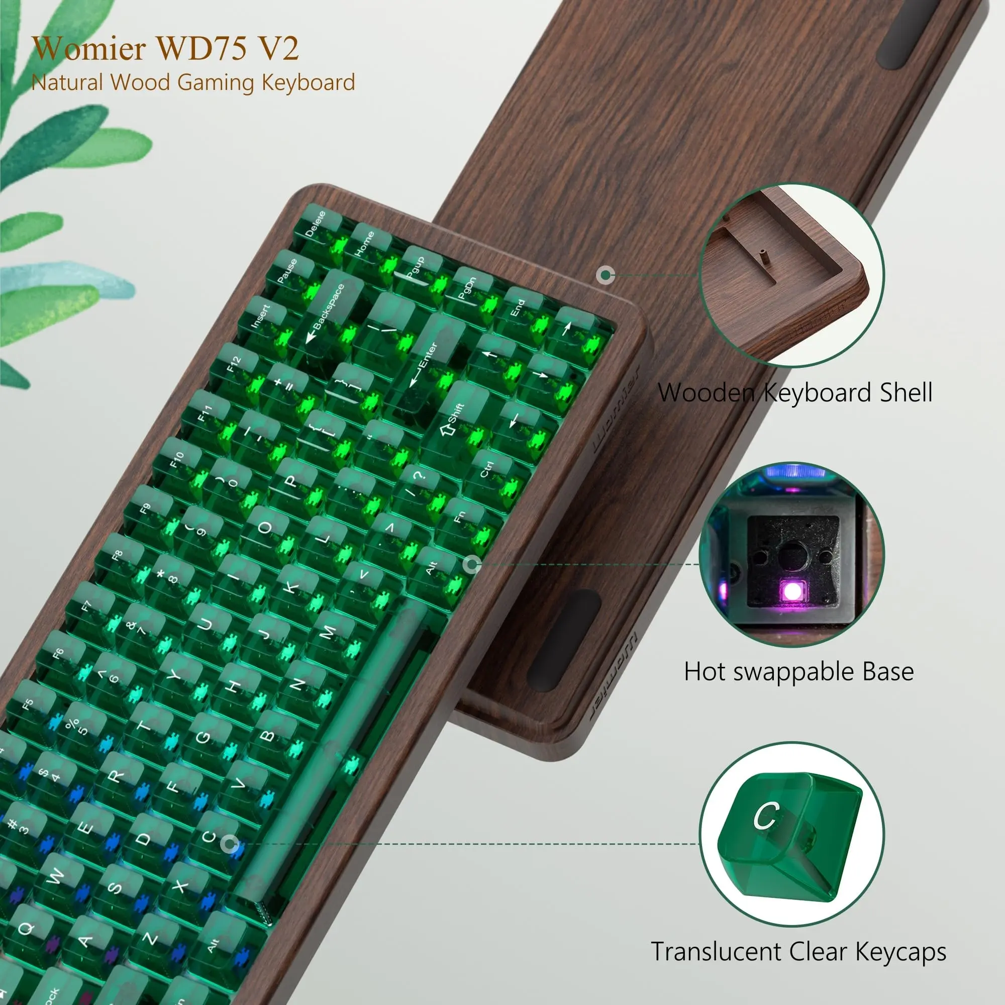 Womier WD75 V2 75% Keyboard with QMK/VIA Wood Gaming Keyboard Tri