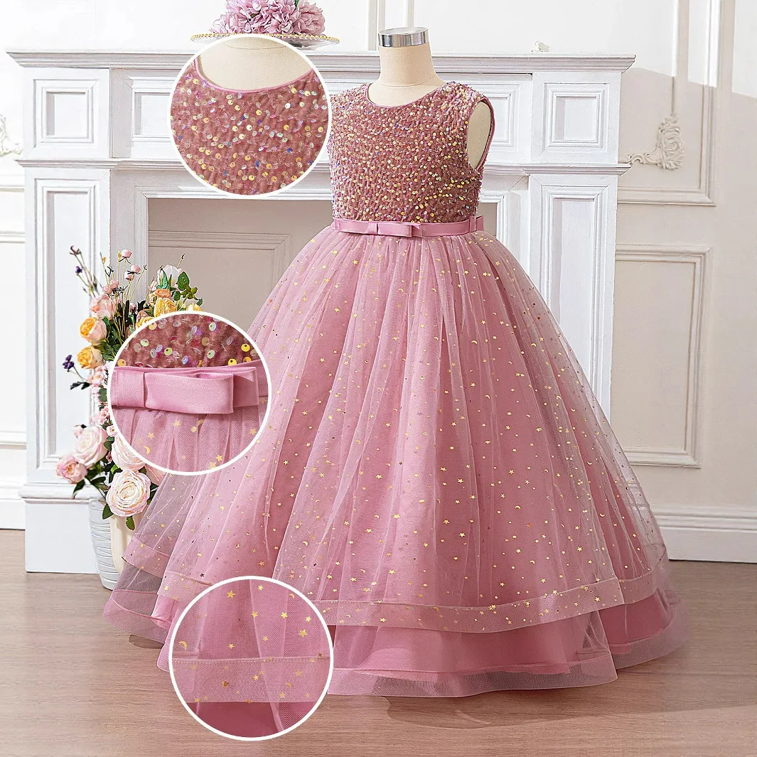 

Shiny Sequin Party Girls Dress a-Line Tulle Wedding Prom Princess Gown Sleeveless Bow Dress For Girl Birthday Evening Kids Dress