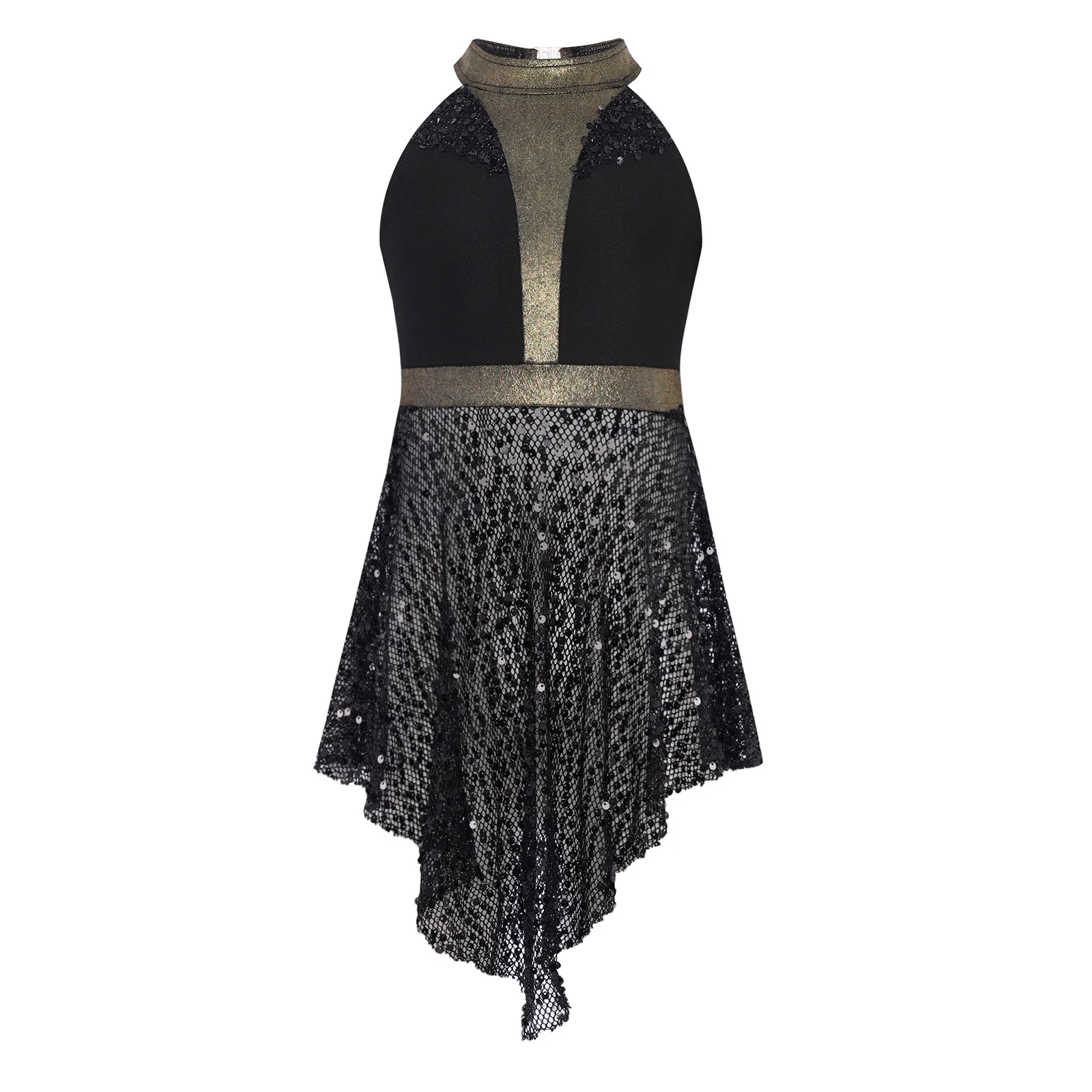 

Kids Girls Lyrical Dance Performance Costume Sleeveless Shiny Sequins Hollow Out Mesh Dresses Jazz Figure Skating Dancewear